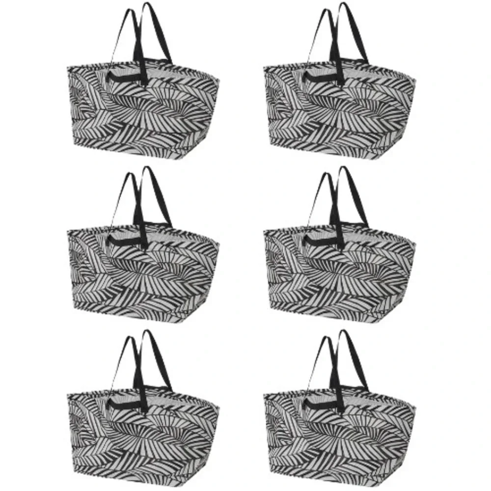 Lot of 6 IKEA SLUKIS Extra Large Storage Bags Black White Leaf Pattern Tote